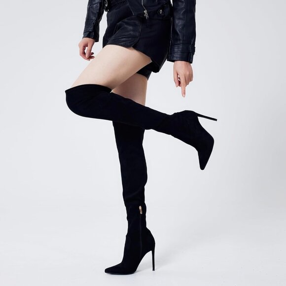 Women Black Suede Pointed Toe 4.3 inch Stilettos Thigh High Heels Stretch Boots - Picture 5 of 8